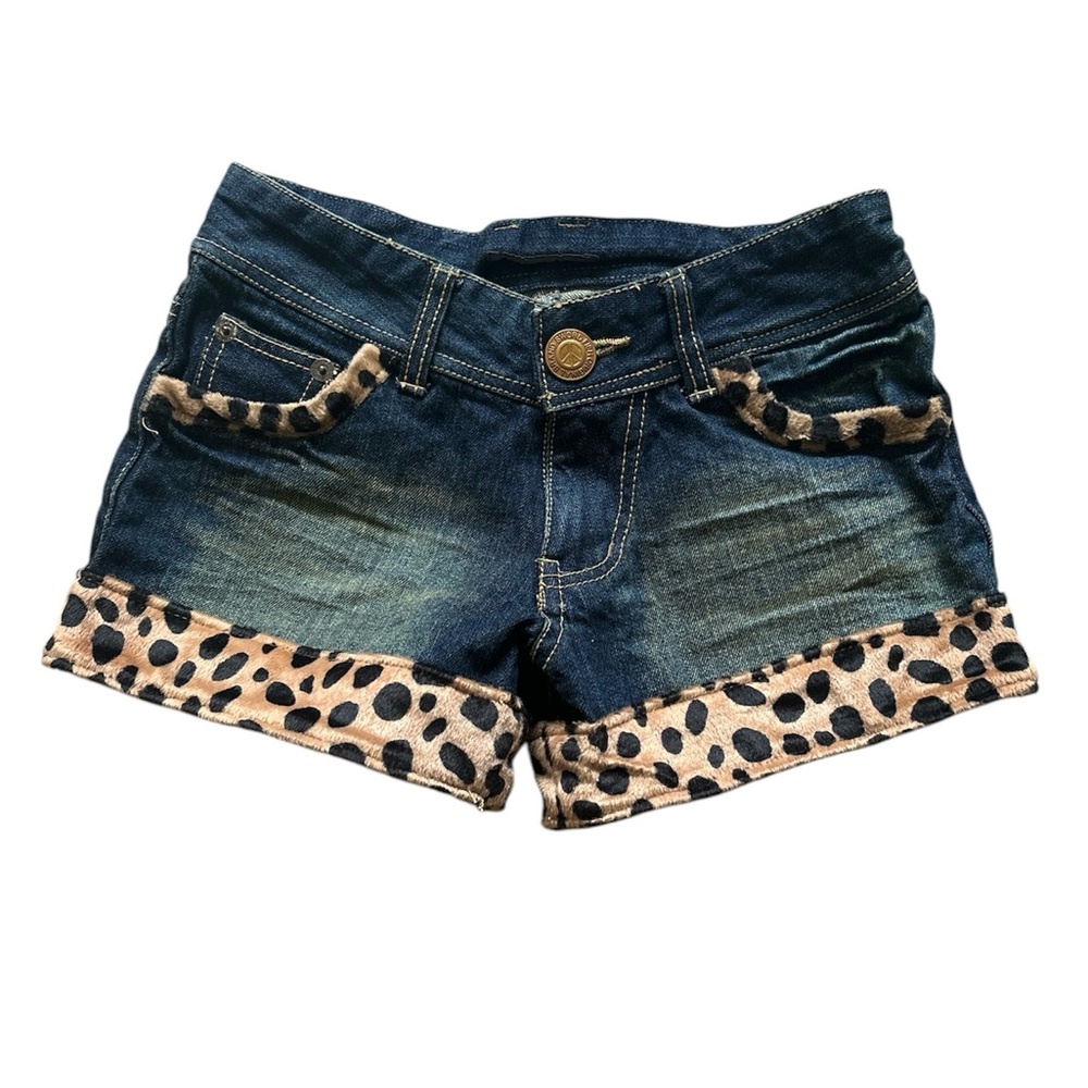 Blue Denim Leopard Trim Shorts